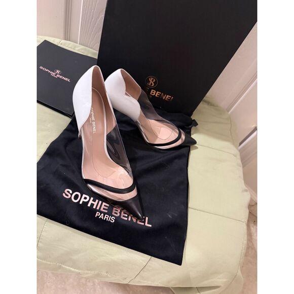 Sophie Benel Paris NIHA white and black pointed-toe pumps with clear PVC sides. - Picture 2 of 7